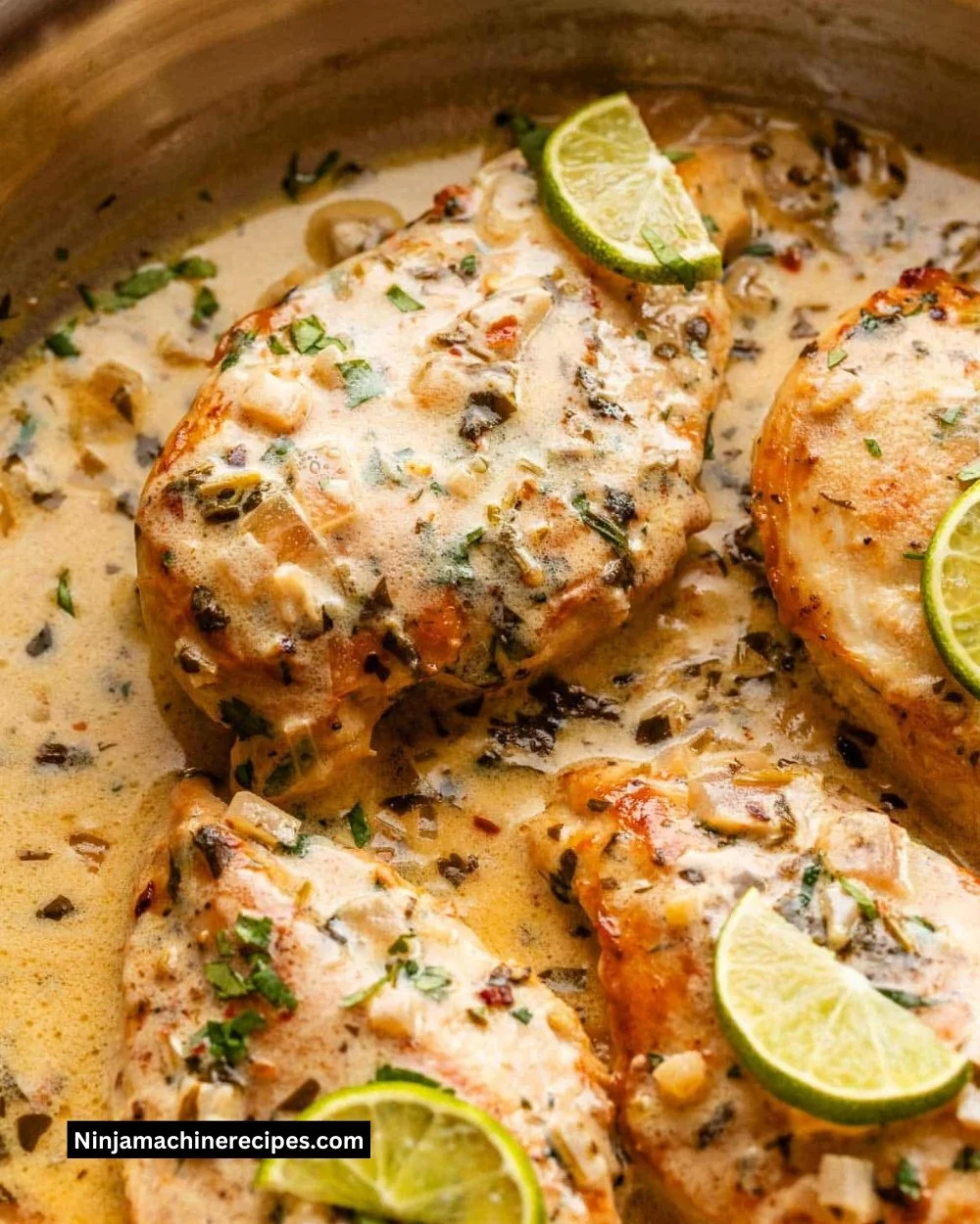 Creamy cilantro lime chicken dish garnished with fresh herbs