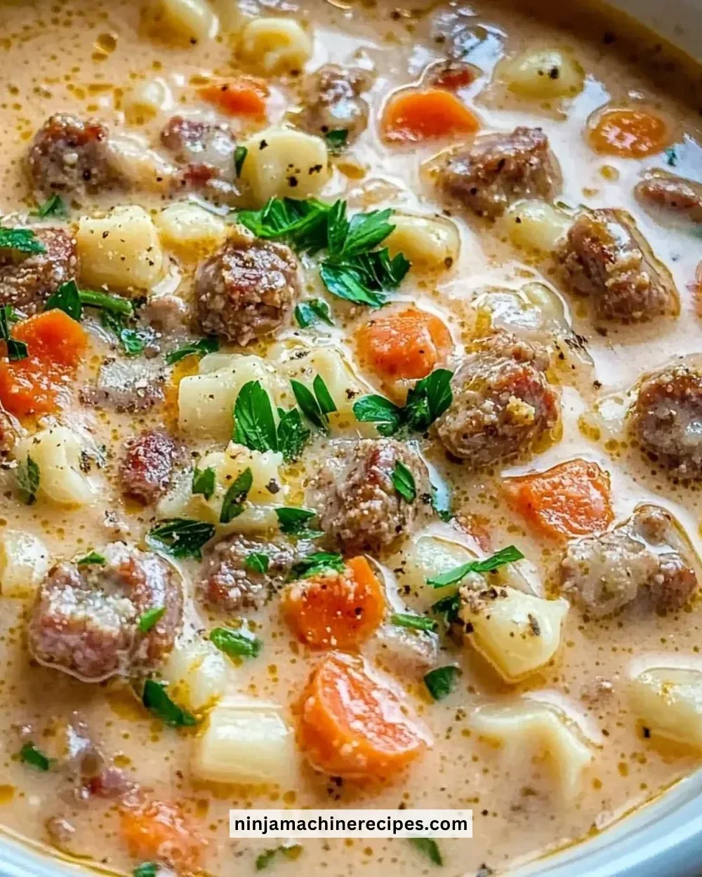 Bowl of creamy Parmesan Italian beef sausage soup topped with herbs
