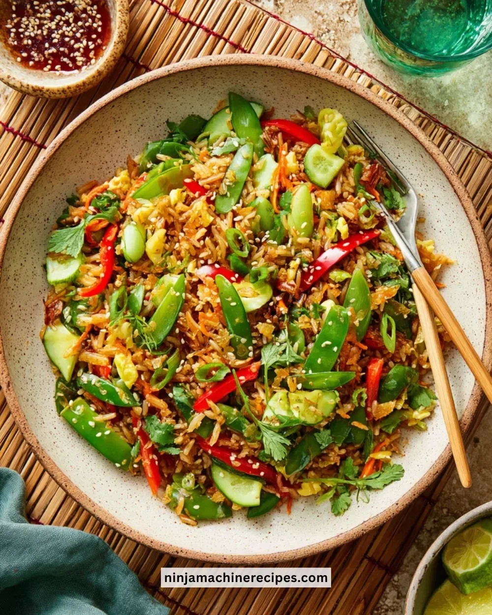A vibrant bowl of crispy rice salad with fresh vegetables and herbs.