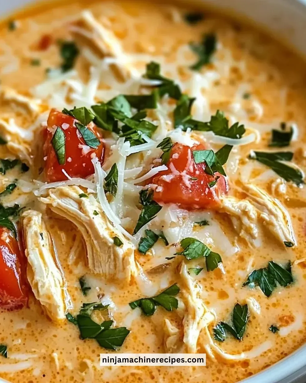 Crock Pot Creamy Chicken Parmesan Soup in a bowl with cheese and parsley