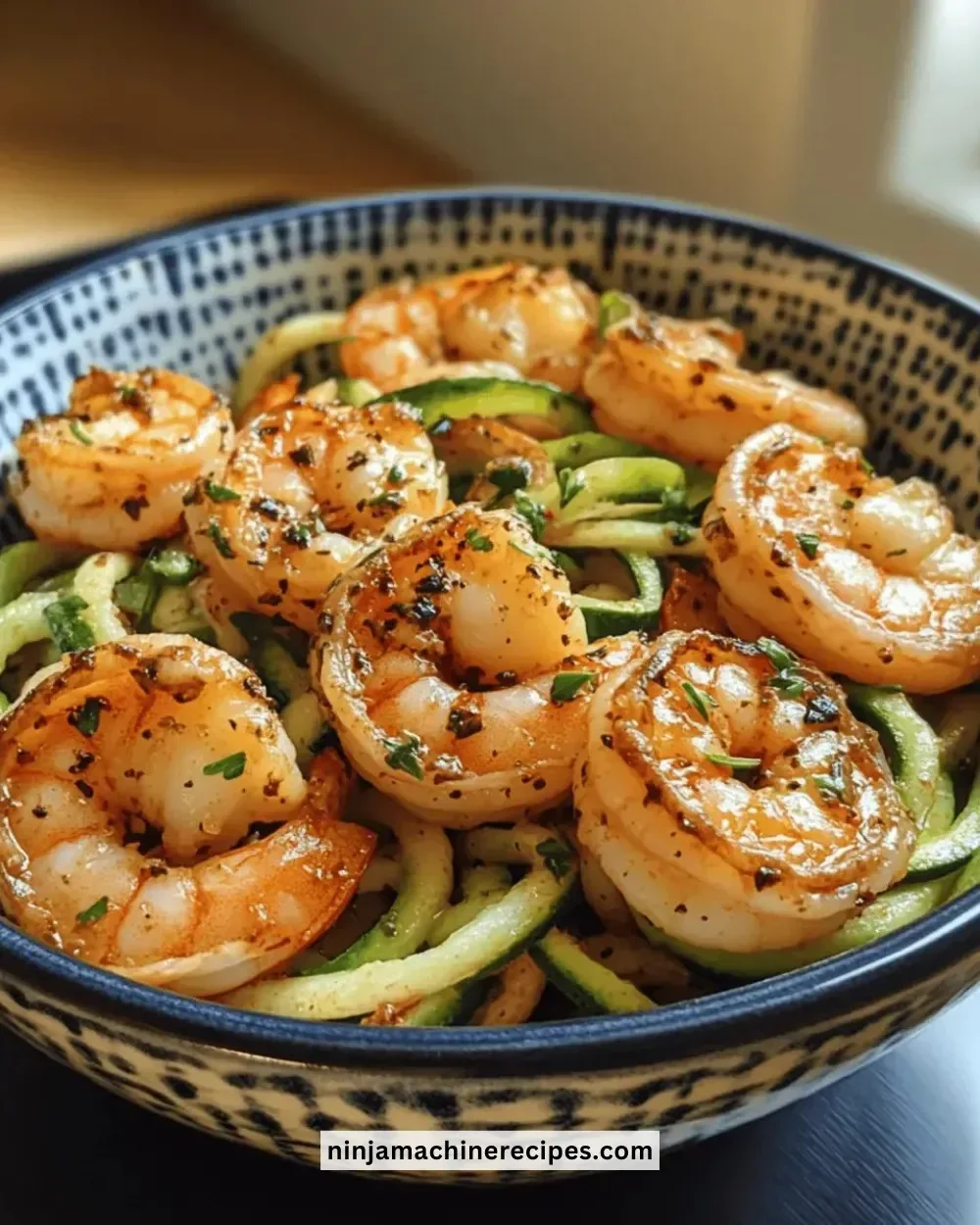 Plate of easy garlic shrimp with zoodles in a delicious sauce