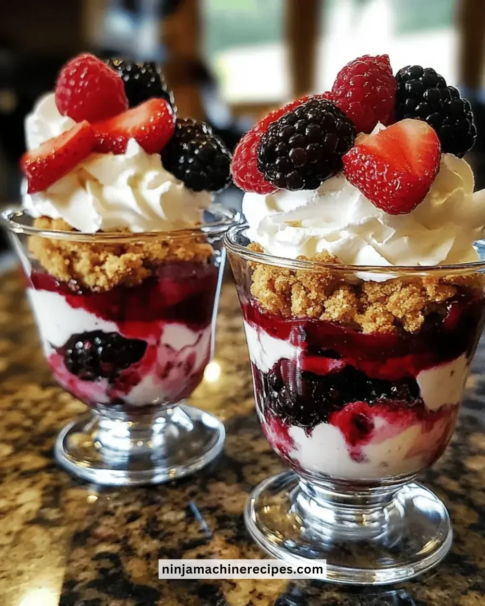 Easy berry cheesecake parfaits with layers of creamy cheesecake and fresh berries.