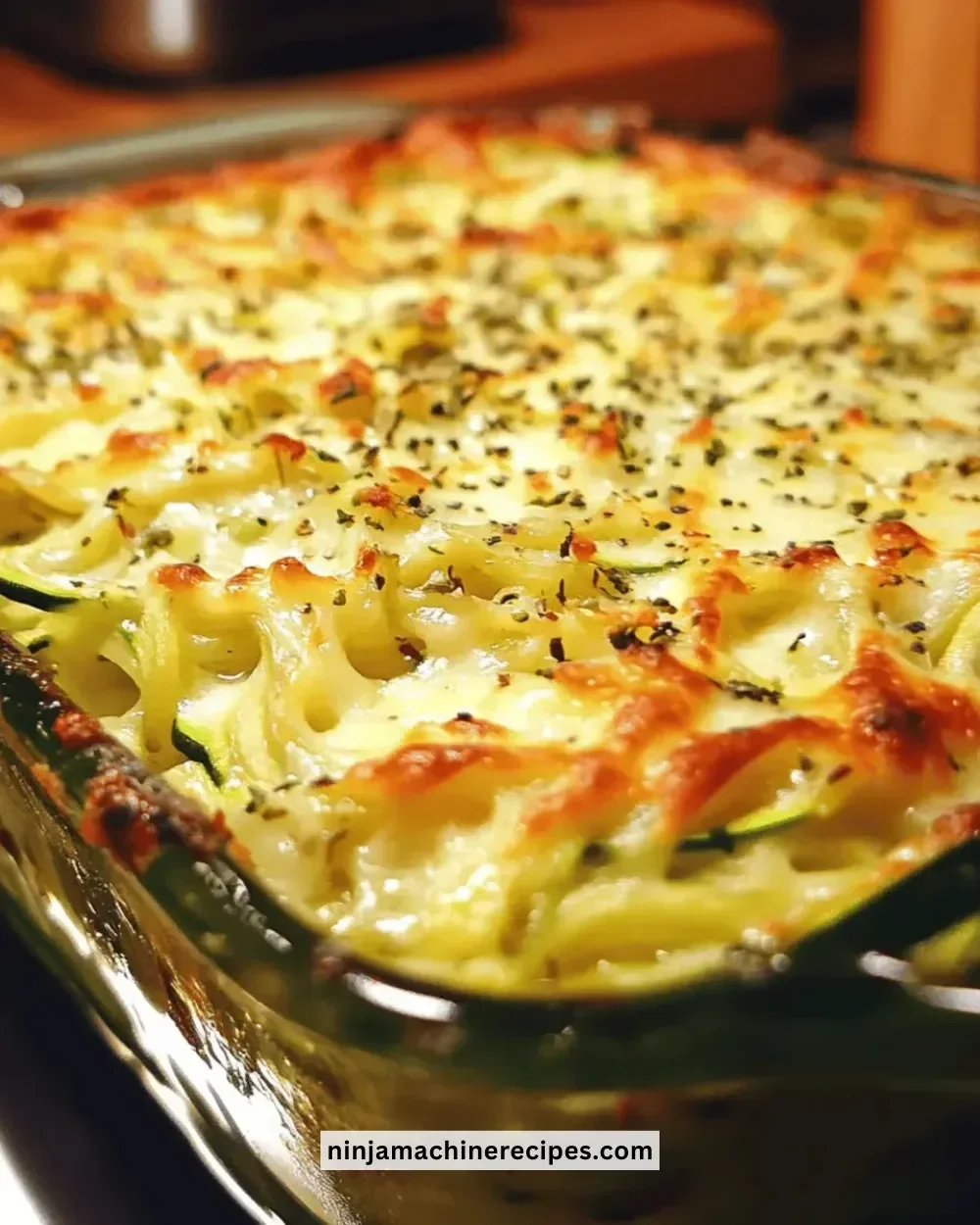 Delicious cheesy zucchini noodle bake fresh out of the oven