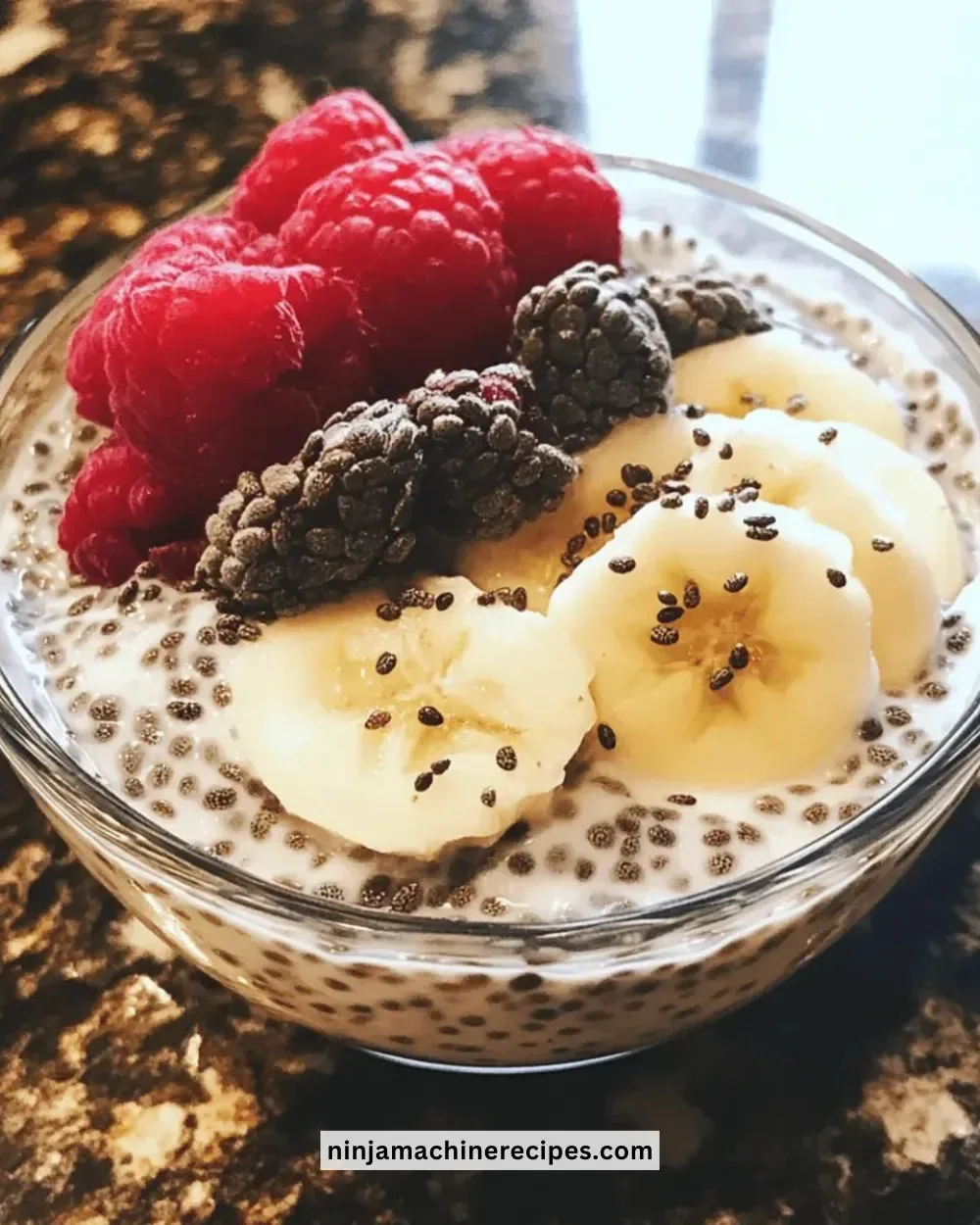 Delicious creamy coconut chia seed pudding in a bowl with fresh toppings