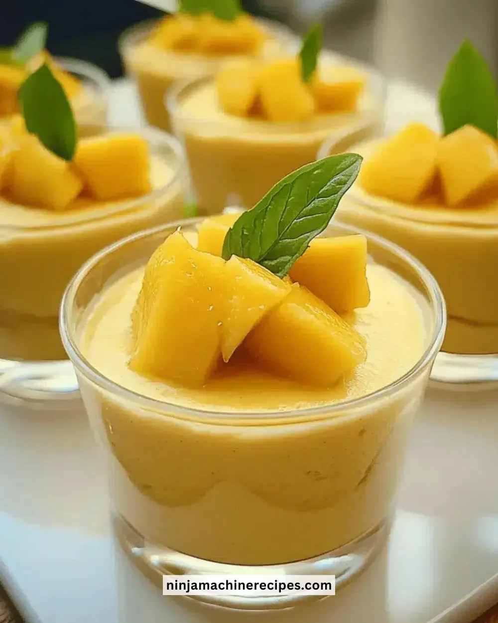 Delicious creamy mango pudding cups topped with fresh mango slices