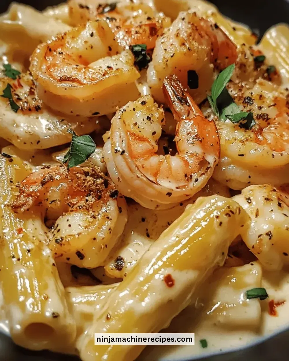 Plate of creamy Tuscan shrimp pasta garnished with herbs