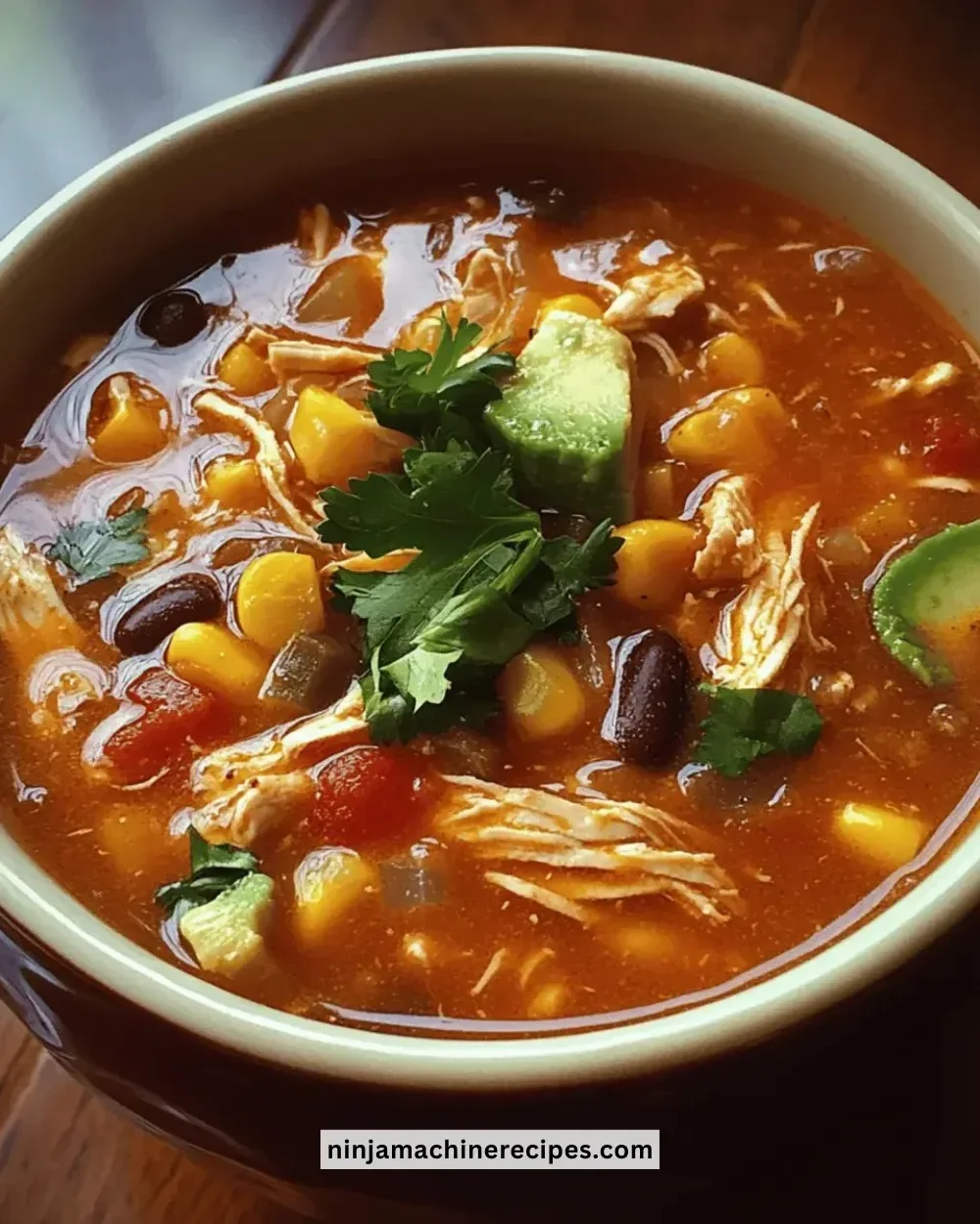 Bowl of easy crockpot chicken tortilla soup topped with tortilla strips and avocado