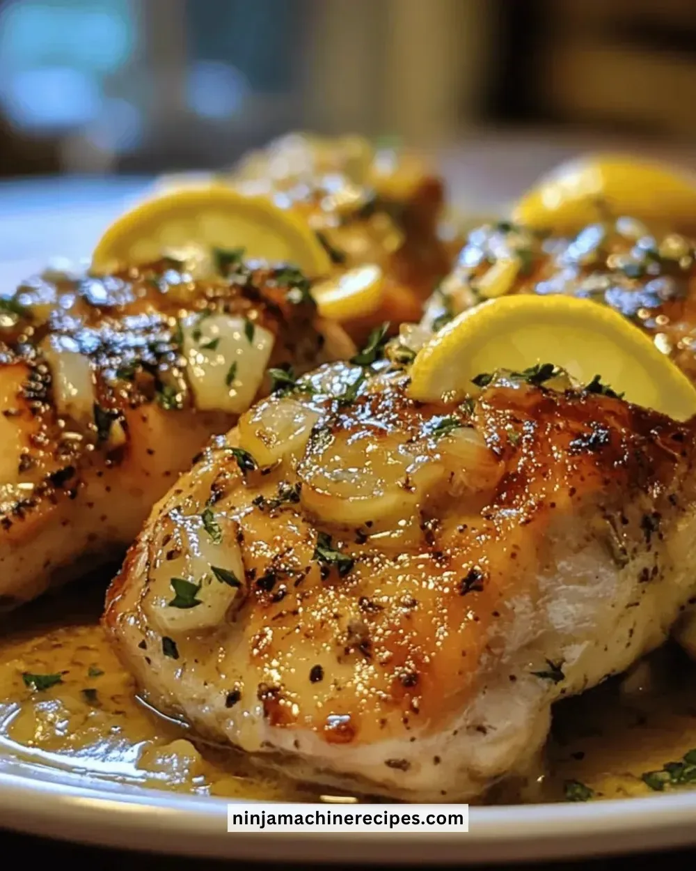 Delicious crockpot garlic lemon chicken garnished with herbs