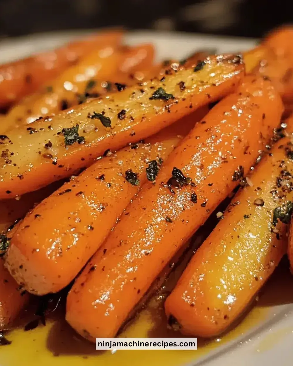 Plate of honey glazed roasted carrots garnished with herbs