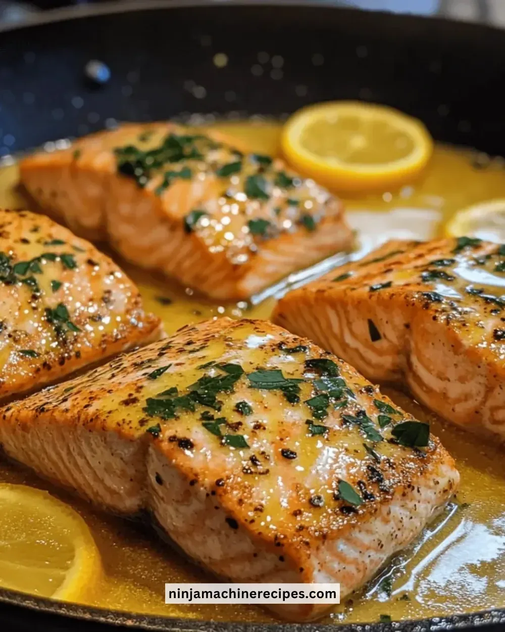Skillet-cooked lemon butter salmon garnished with herbs on a plate