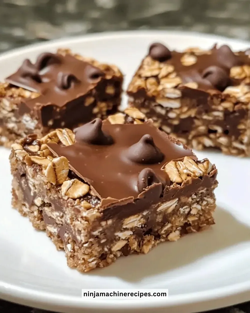 Easy no-bake chocolate oat bars with oats and chocolate topping