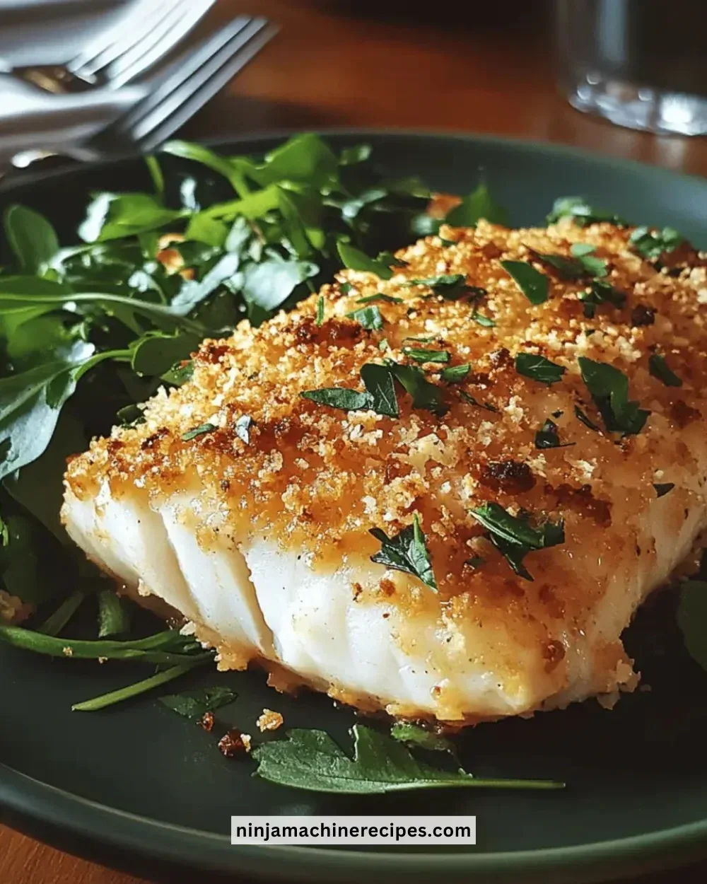 Baked Parmesan crusted fish served on a plate with lemon and herbs