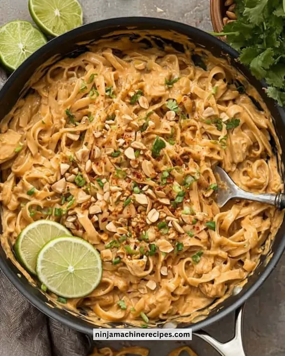 A plate of easy peanut noodles garnished with fresh vegetables and herbs