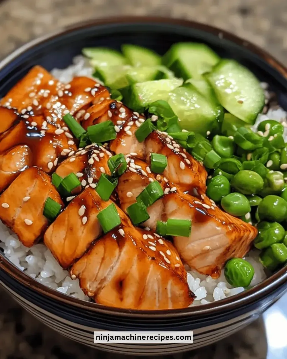 Delicious teriyaki salmon bowl with vegetables and rice