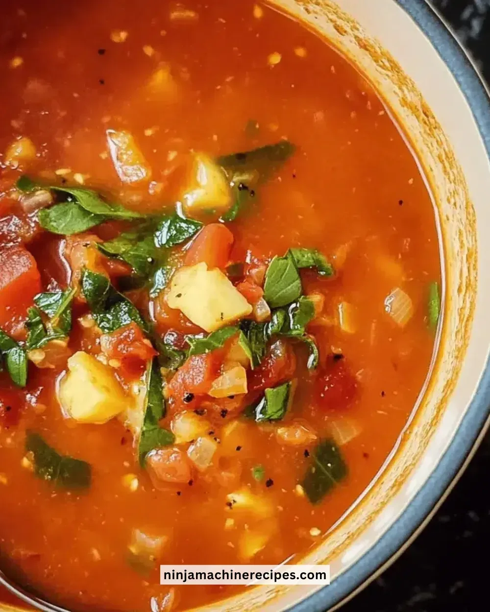 Bowl of easy quick tomato vegetarian soup with fresh herbs and croutons