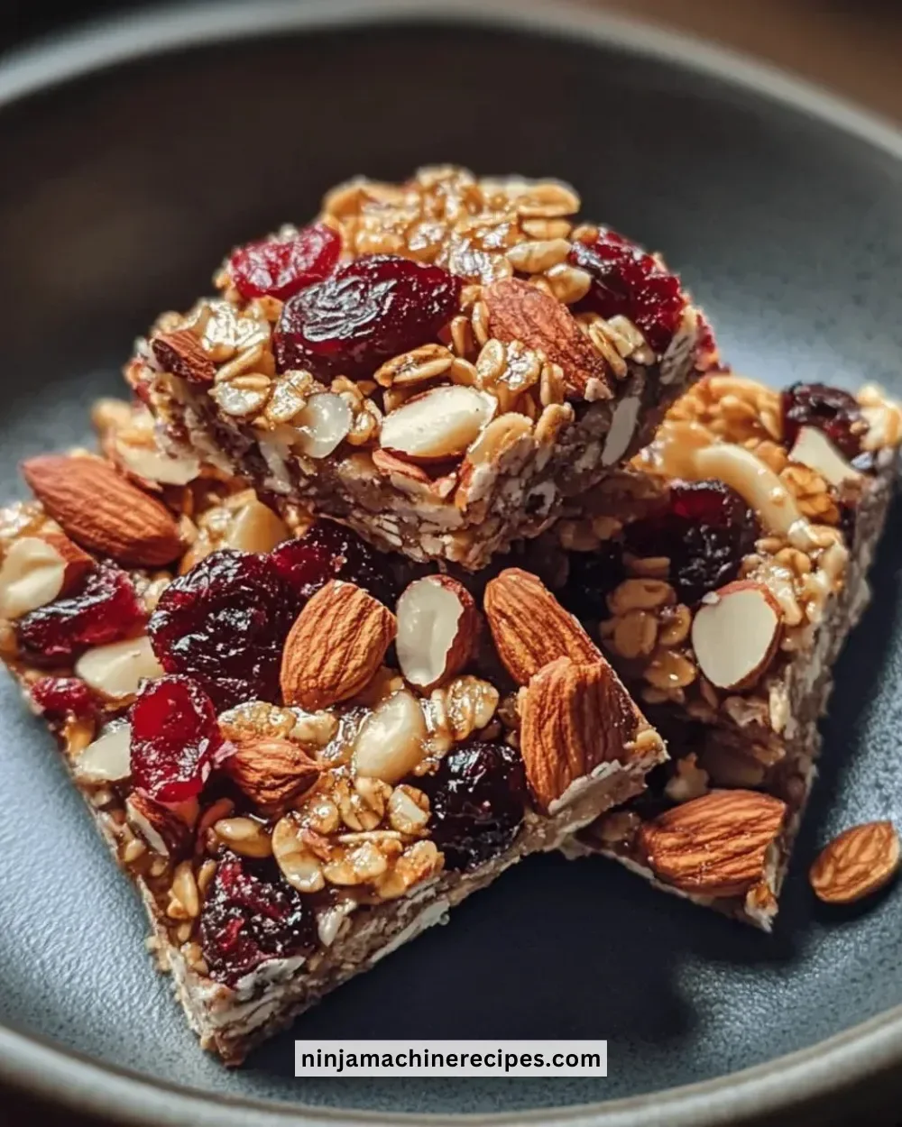 Easy roasted almond and cranberry snack clusters on a wooden surface