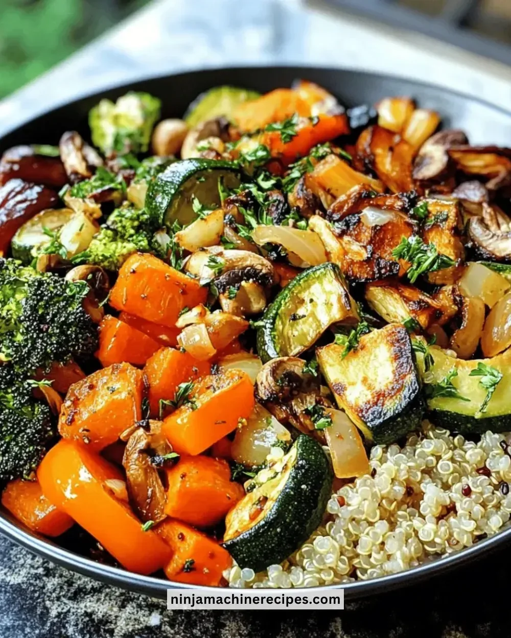 Easy roasted veggie quinoa bowl with colorful vegetables