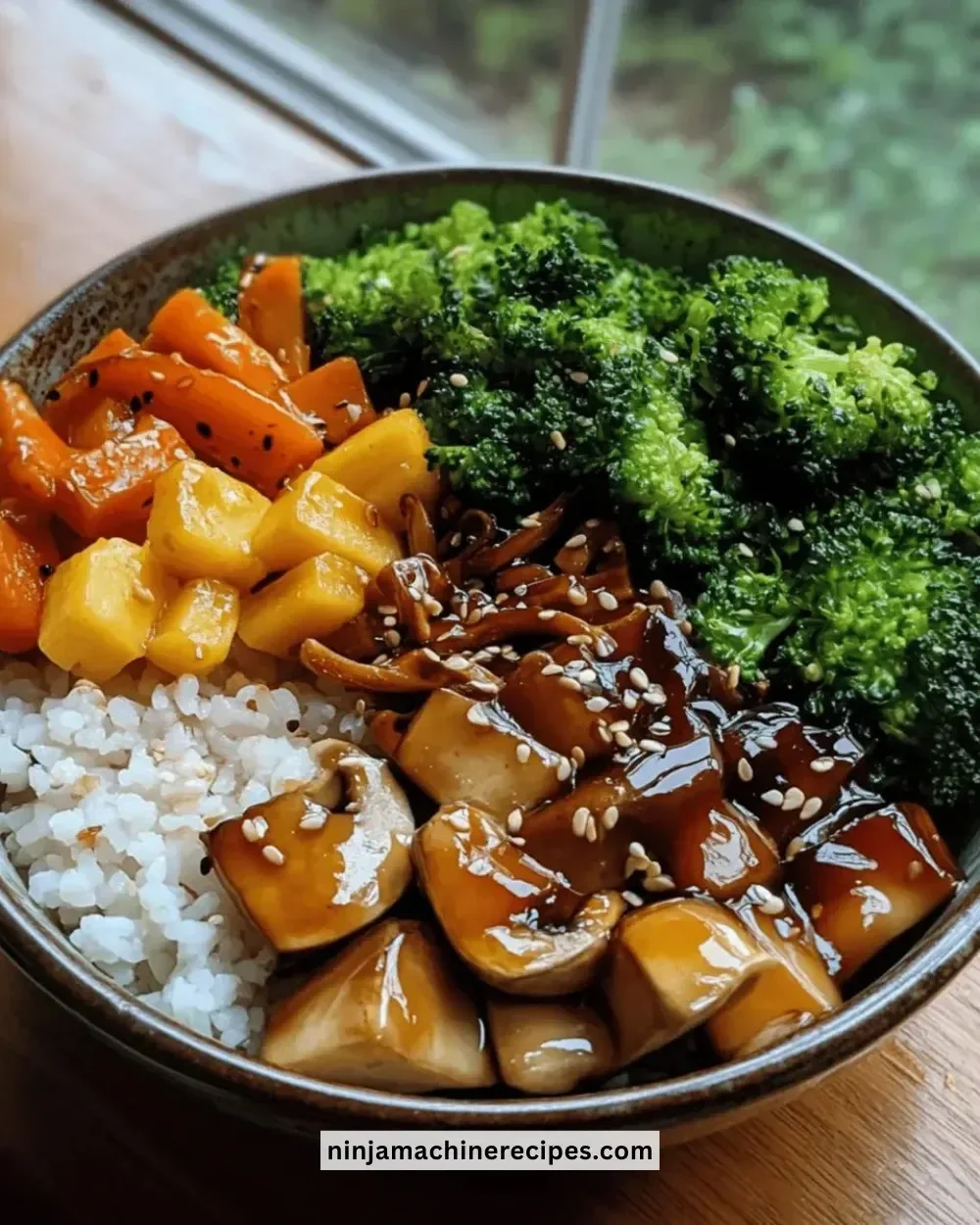 Delicious teriyaki veggie bowl topped with fresh vegetables and savory sauce