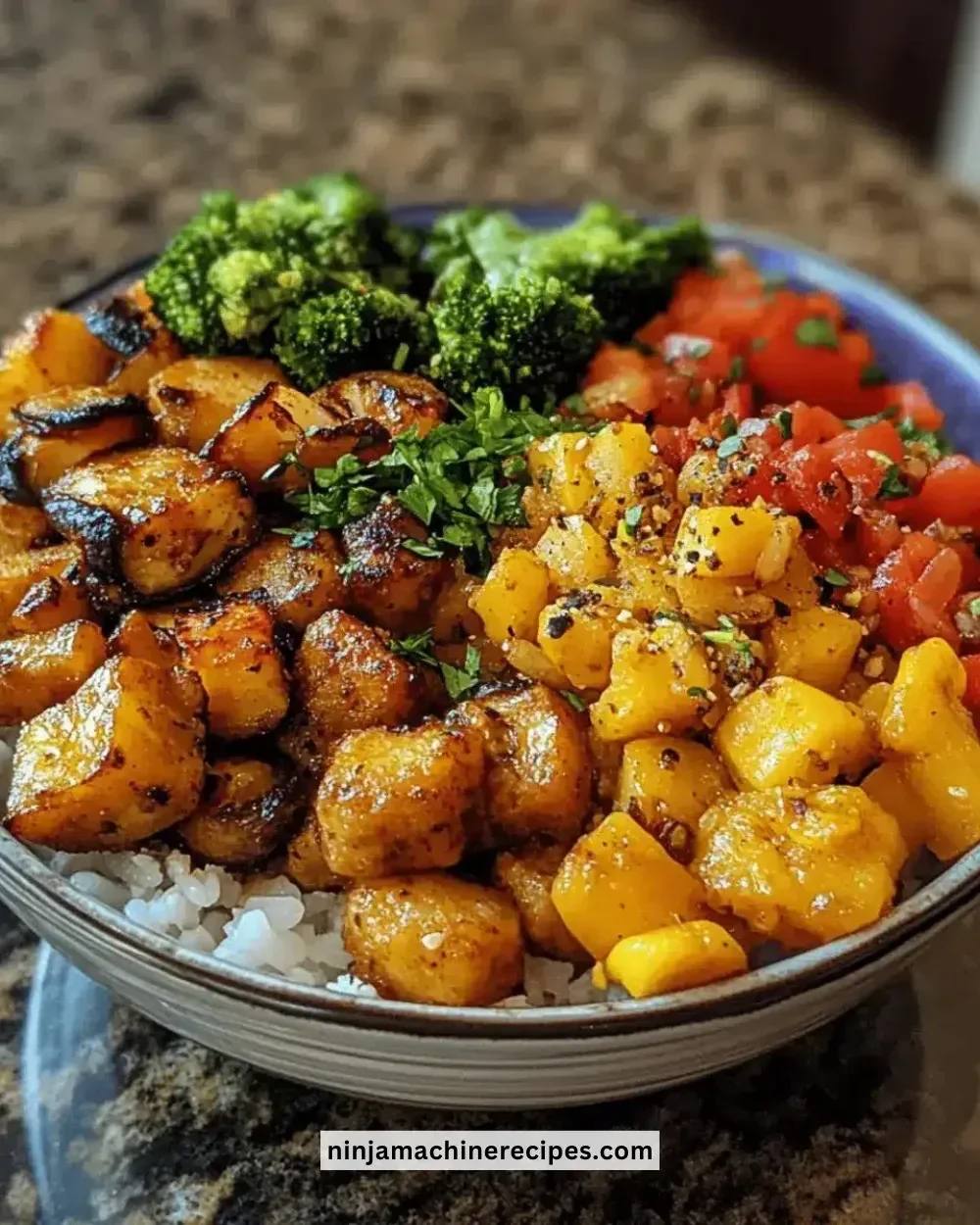 Colorful easy savory veggie rice bowl with fresh vegetables and rice