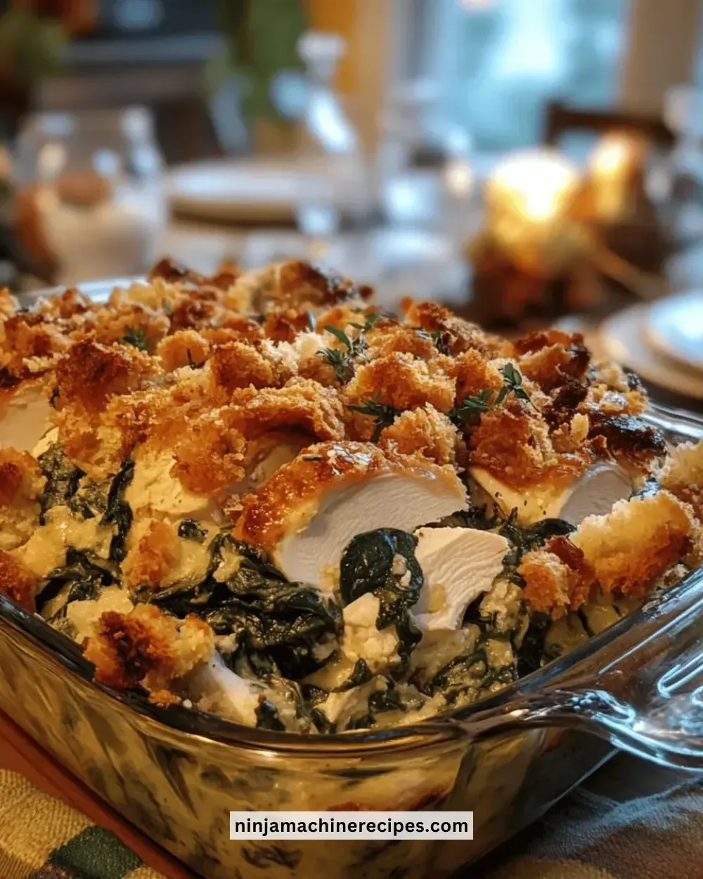 Easy Thanksgiving turkey and spinach casserole dish served in a baking tray