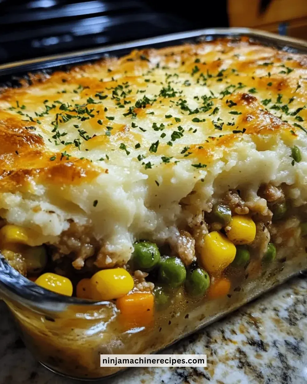 Easy Turkey and Veggie Shepherd's Pie served in a rustic dish