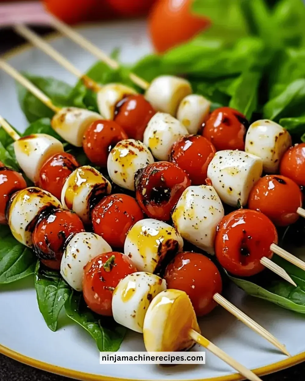 Fresh Caprese salad skewers with tomatoes, mozzarella, and basil
