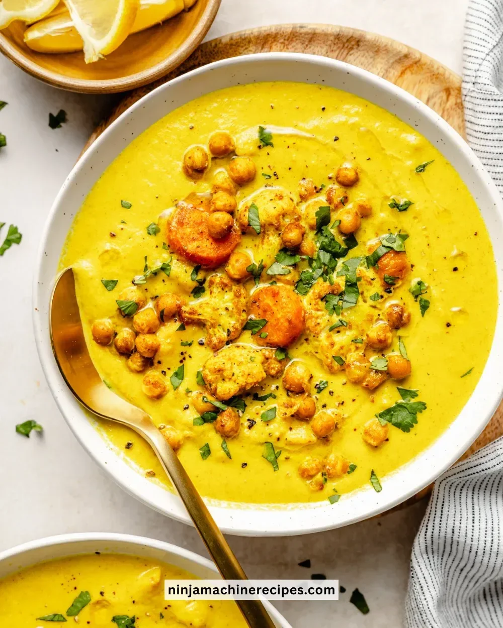 Delicious bowl of Golden Goddess Soup garnished with herbs and spices.