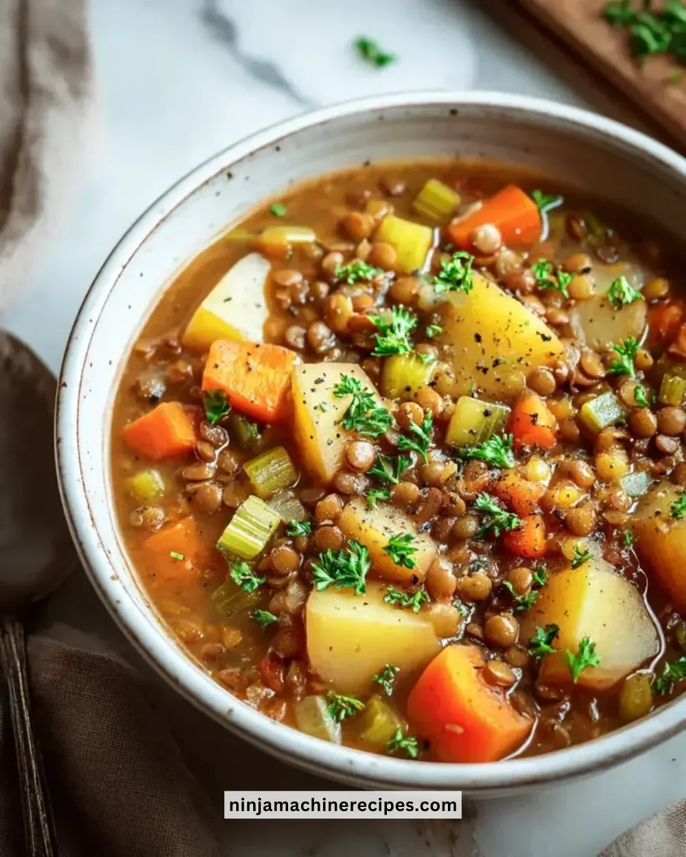 A bowl of hearty vegan stew filled with colorful vegetables and herbs