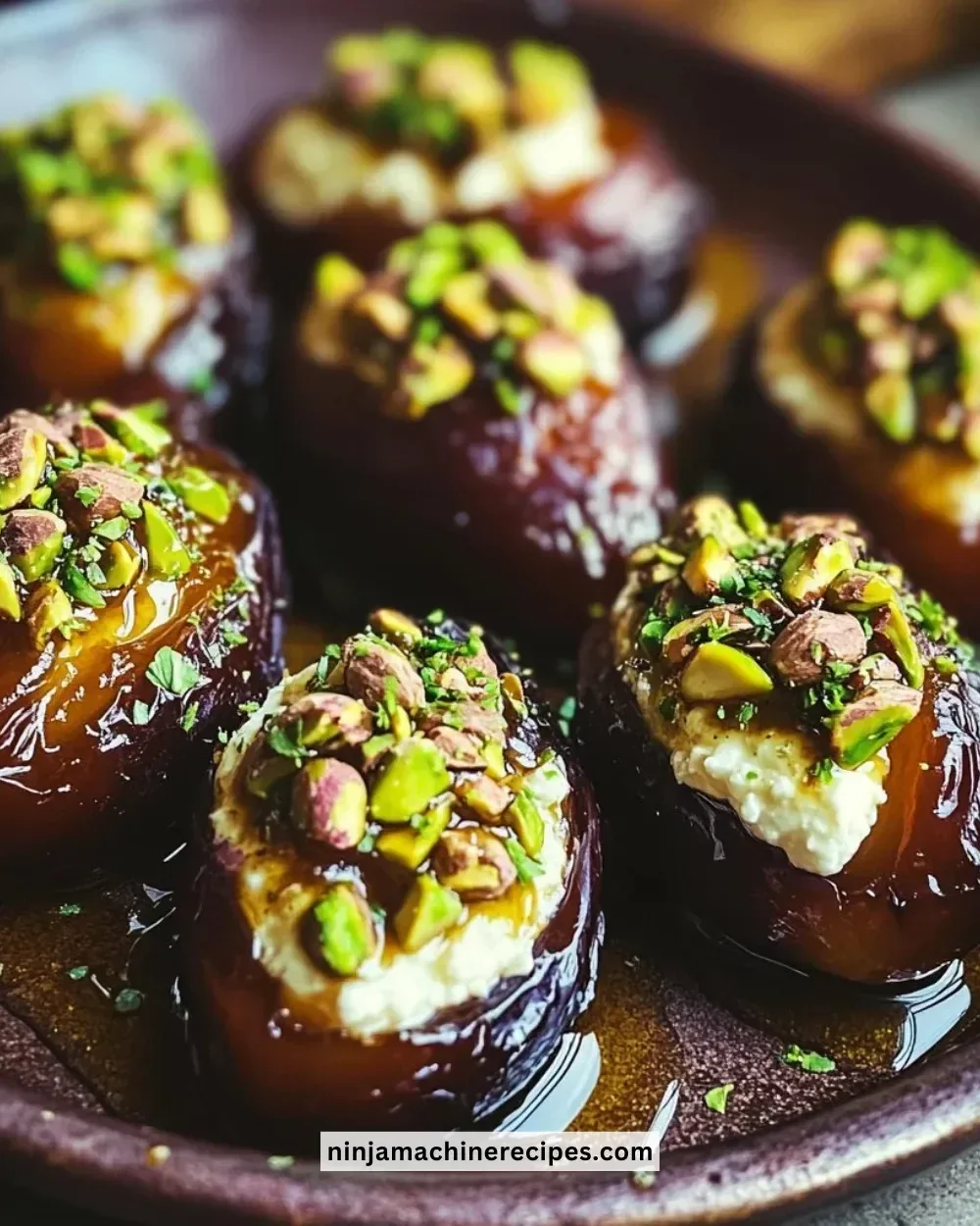 Honey pistachio ricotta stuffed dates on a plate