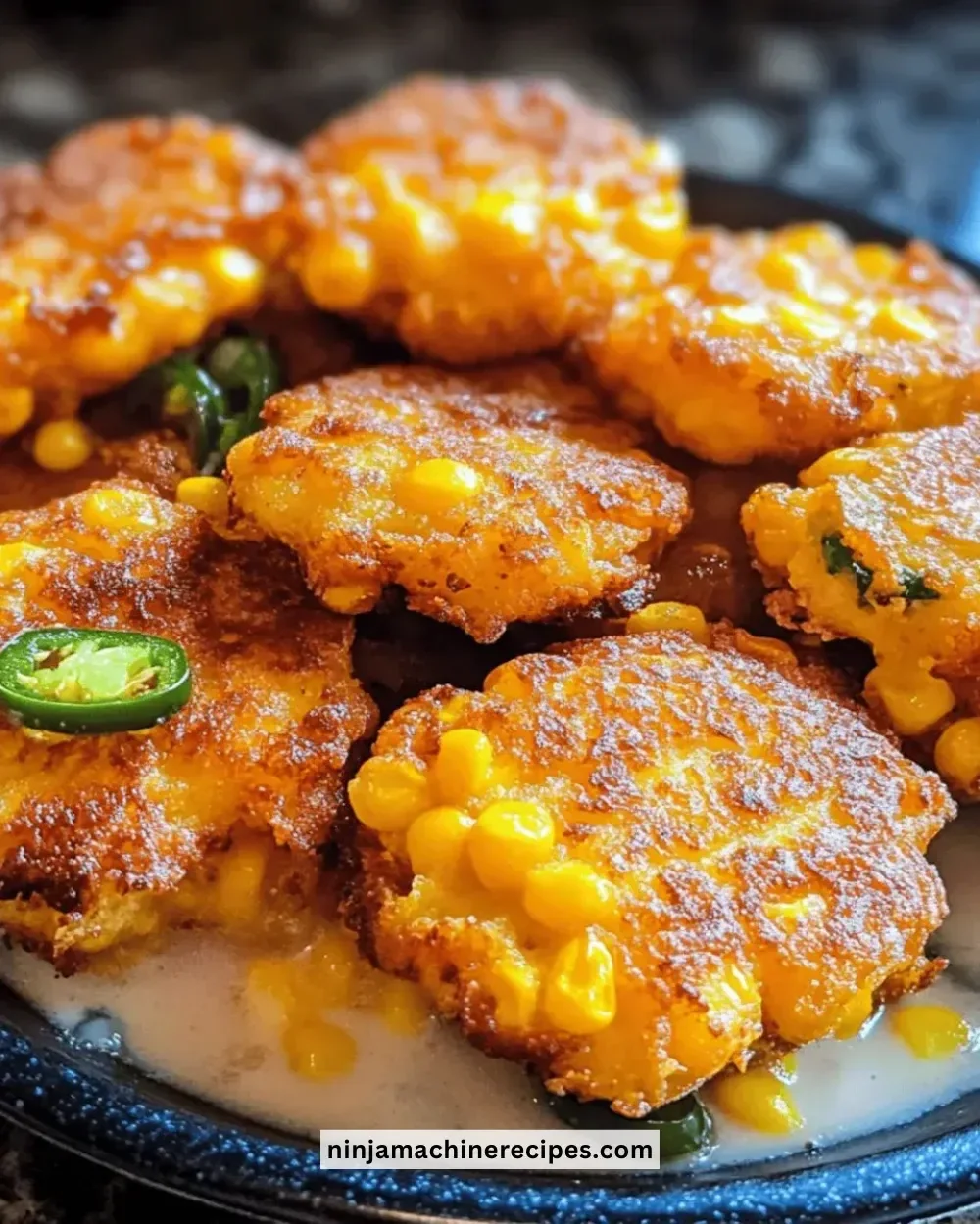 Delicious cheesy jalapeño corn fritters served on a plate