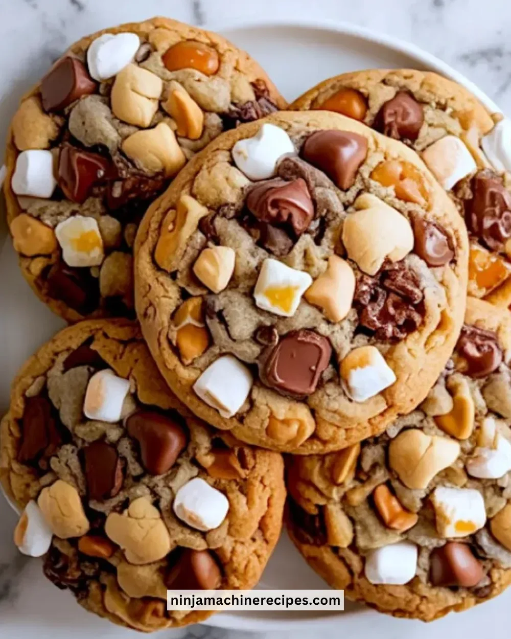 Overhead view of a plate filled with homemade kitchen sink cookies with various toppings.