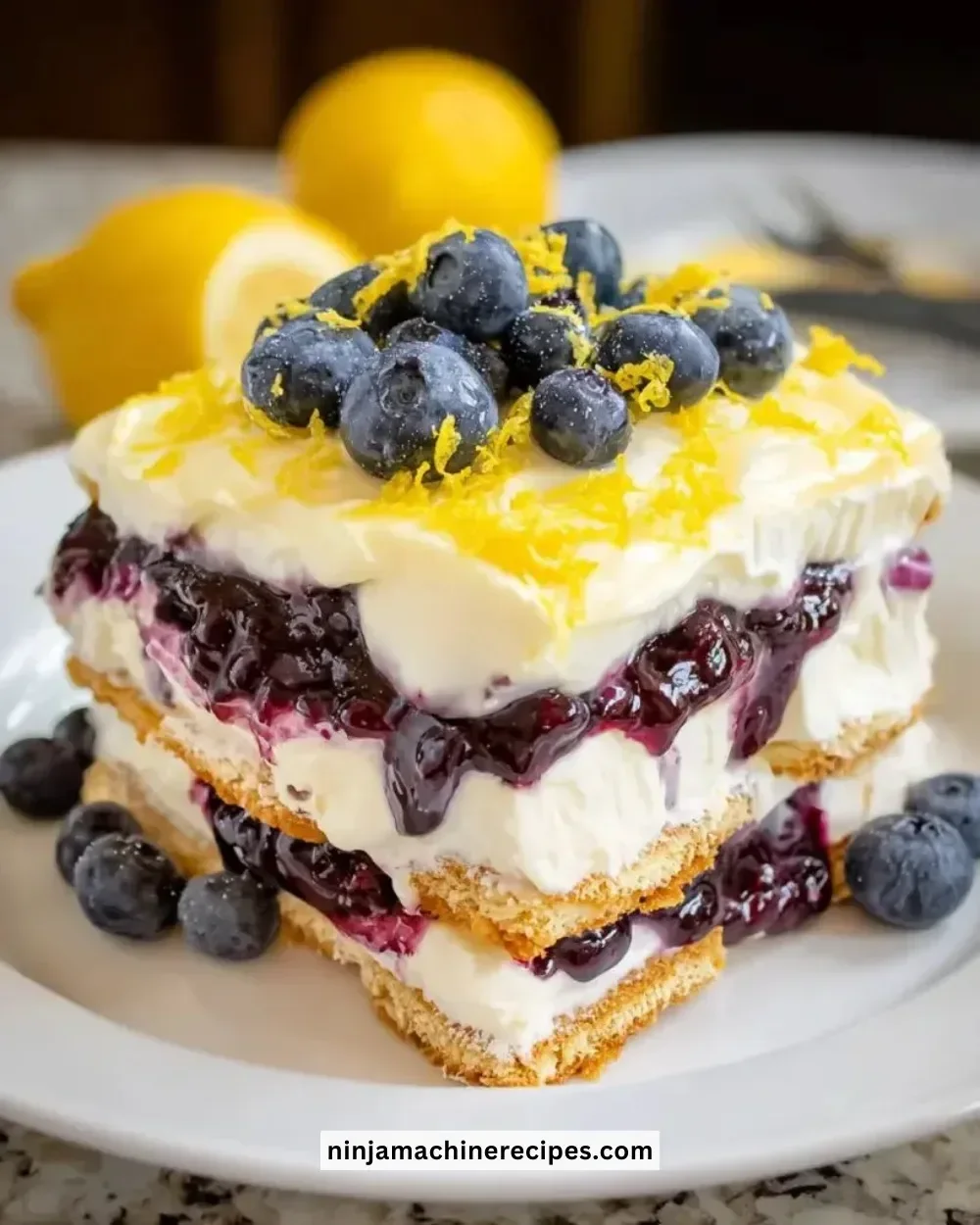 Lemon Blueberry Icebox Cake with fresh blueberries and lemon slices