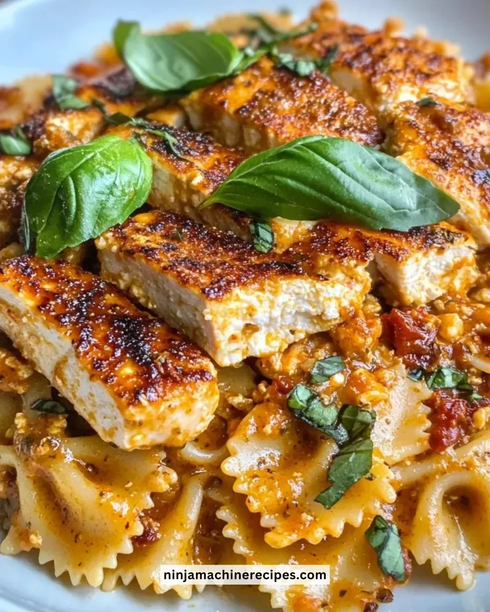 Delicious vegan Marry Me Chicken Pasta served in a bowl with fresh herbs