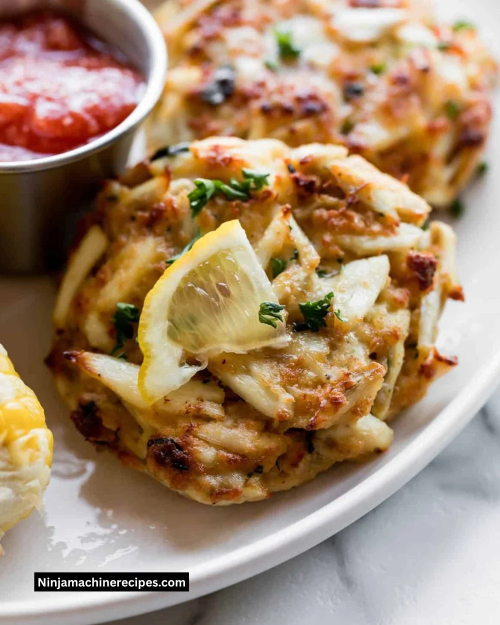 Delicious Maryland crab cakes served with lemon and herbs