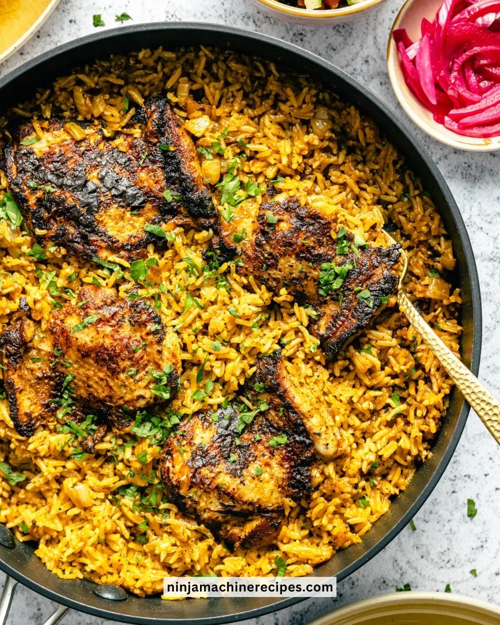 One Pan Chicken Shawarma served with rice and fresh vegetables