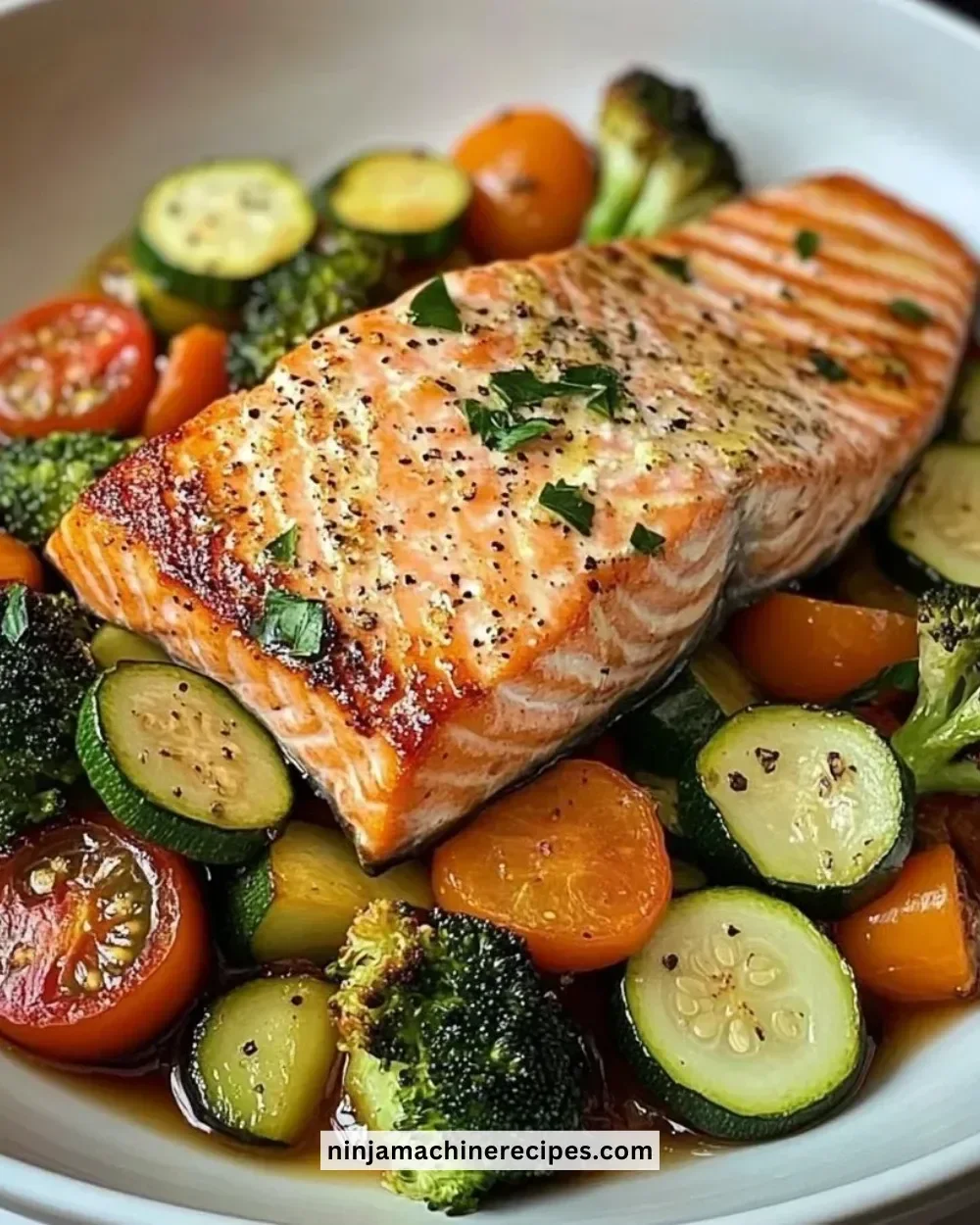 Pan-seared salmon served with garlic veggie medley on a plate
