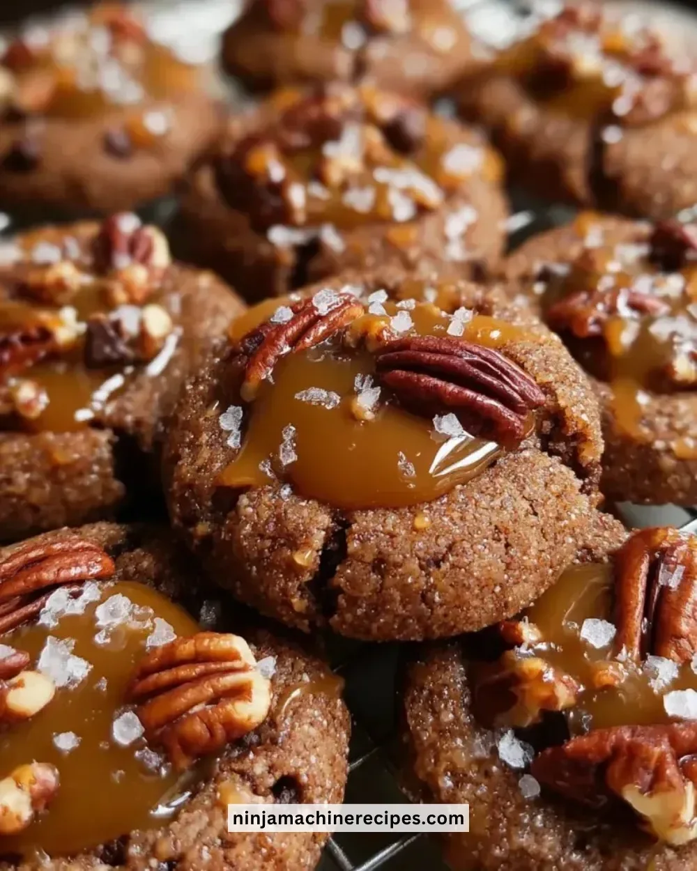 Pecan caramel thumbprint cookies freshly baked and decorated