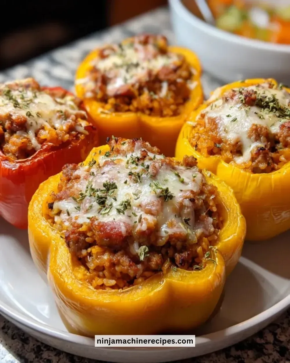 Pumpkin and sausage stuffed peppers served on a plate