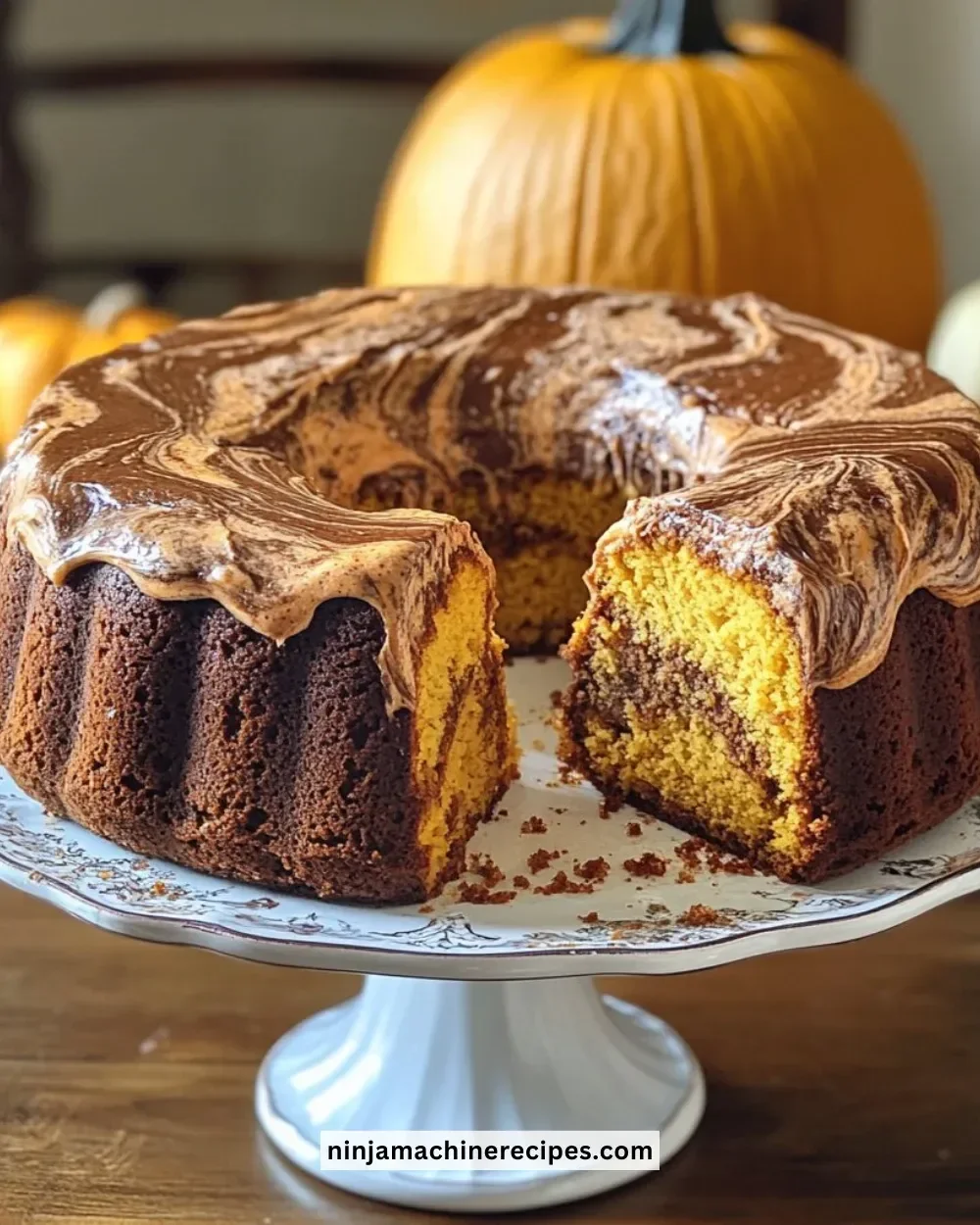 Vegan Pumpkin Marble Cake with swirls of chocolate and pumpkin flavor