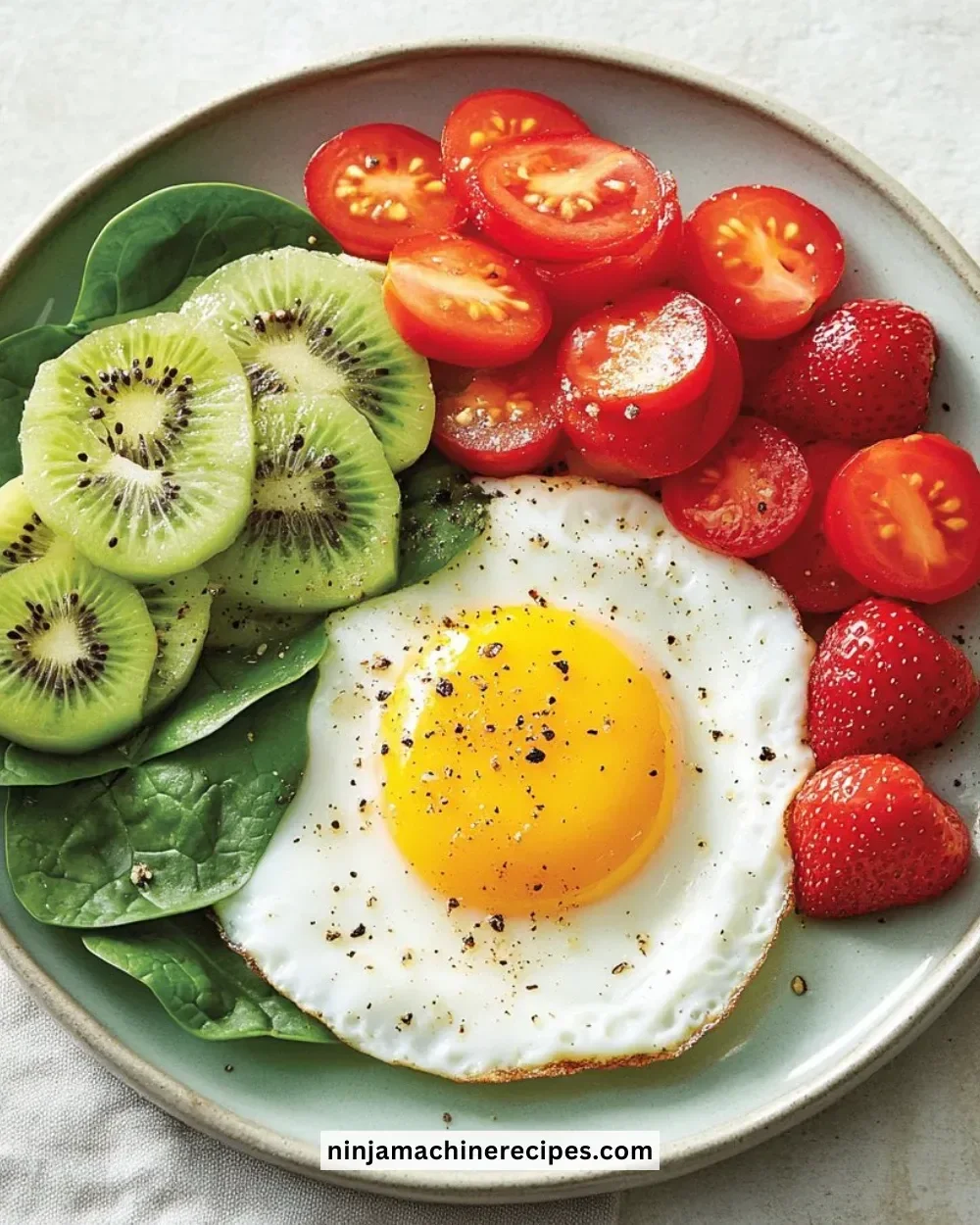 Colorful Rainbow Protein Breakfast Plate with fruits, eggs, and grains.