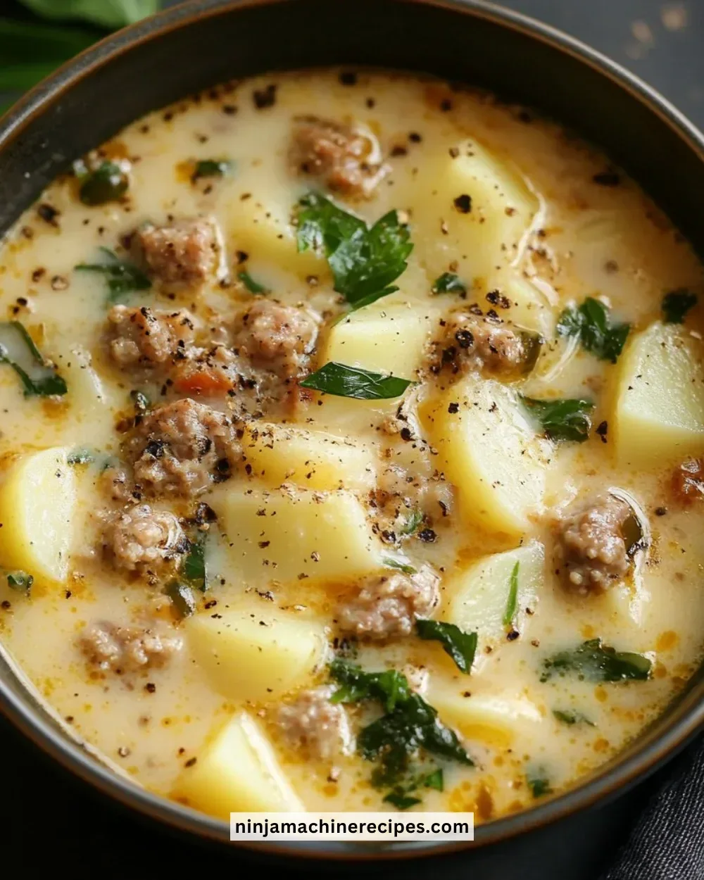 Bowl of delicious sausage potato soup topped with fresh herbs