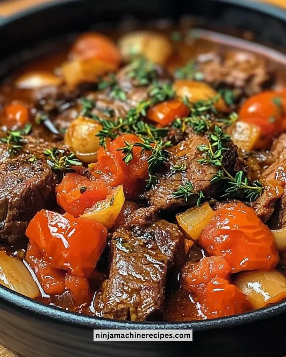 Slow-baked beef casserole topped with fresh herbs and tomatoes in a serving dish.