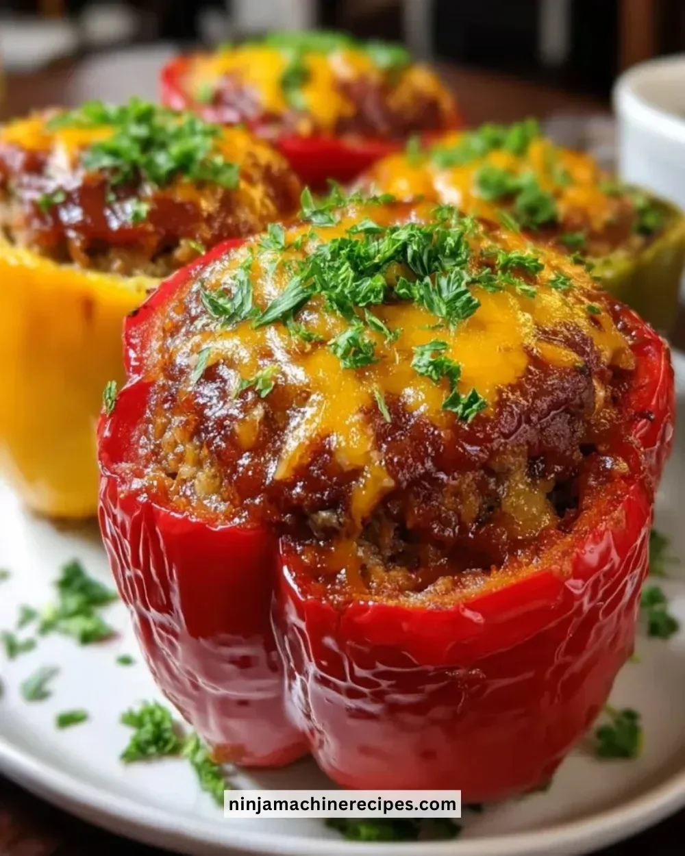 Smoky BBQ meatloaf stuffed peppers served on a plate with garnishes.