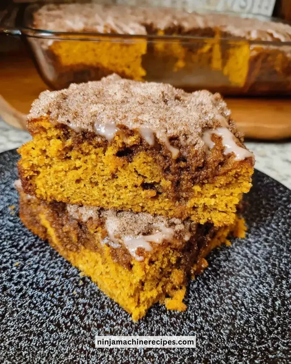 Sourdough pumpkin coffee cake with warm spices and a creamy topping