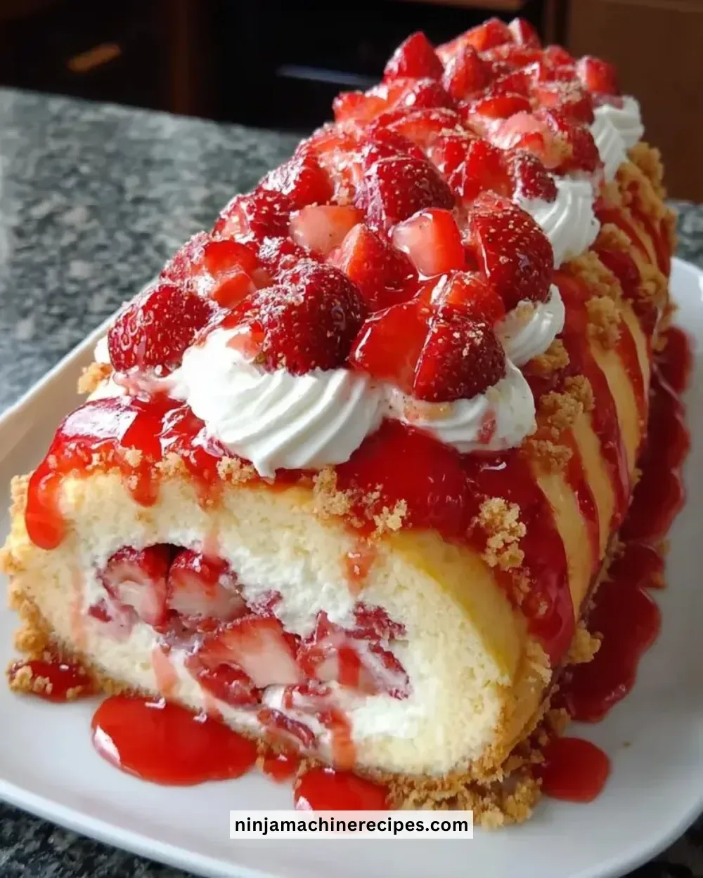 Delicious strawberry shortcake cheesecake topped with fresh strawberries and whipped cream.
