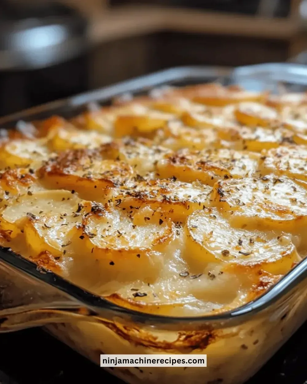 Delicious cheesy scalloped potato bake with creamy cheese layers