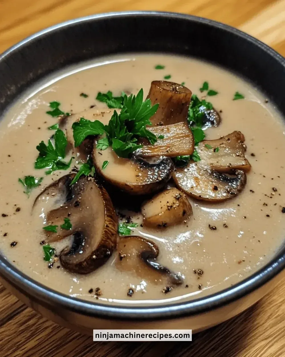 A bowl of creamy mushroom soup with fresh herbs and croutons on top