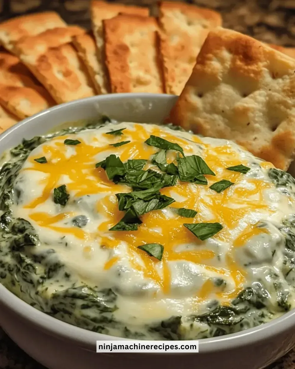 Creamy spinach cheese dip served in a bowl with crackers on the side.