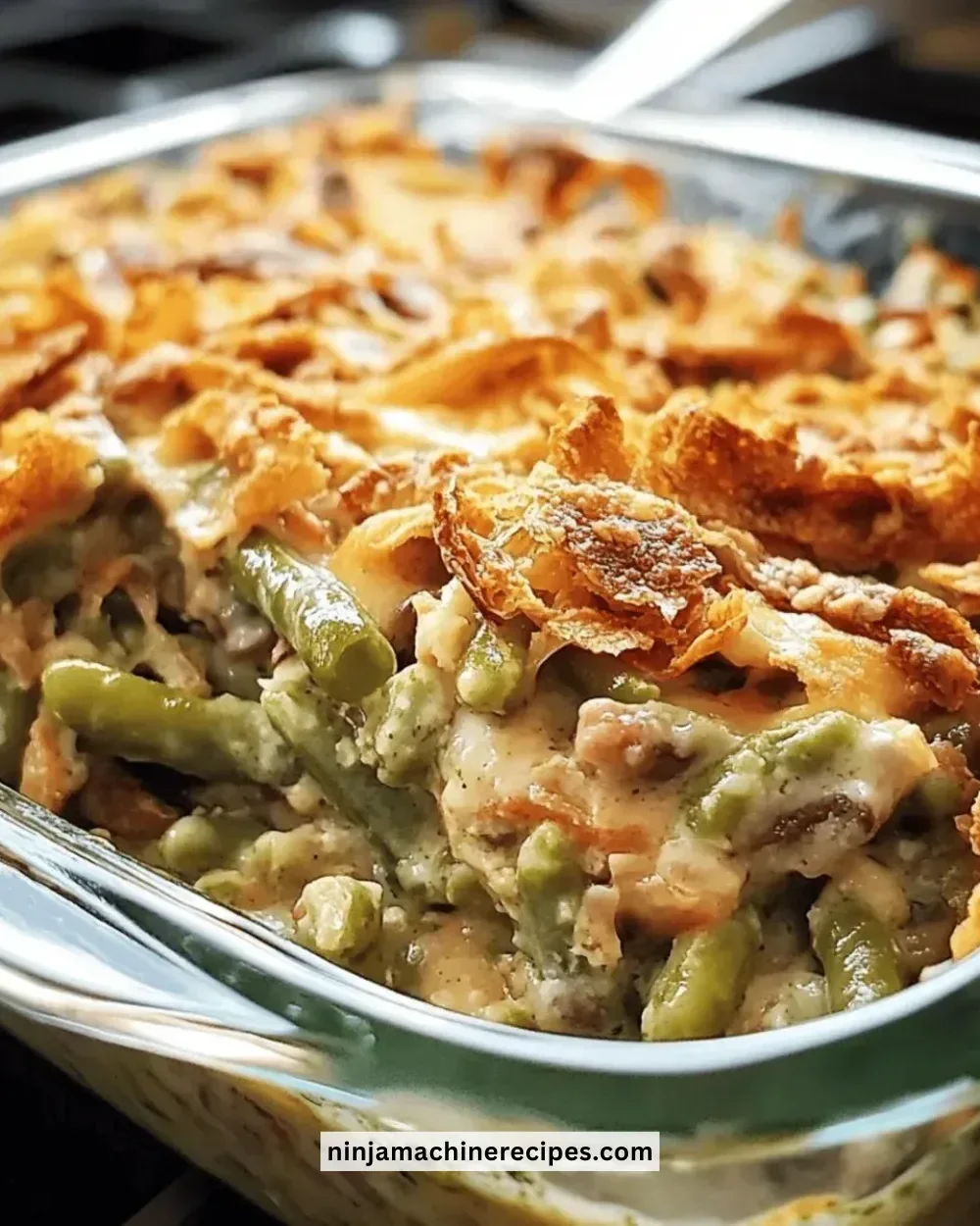 Delicious homestyle green bean casserole with creamy sauce and crispy topping