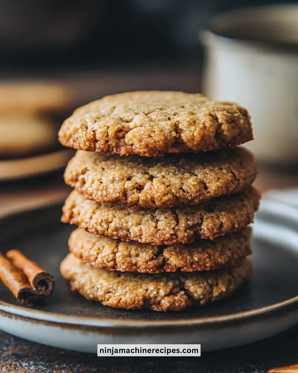 Plate of vegan maple cookies garnished with a drizzle of maple syrup
